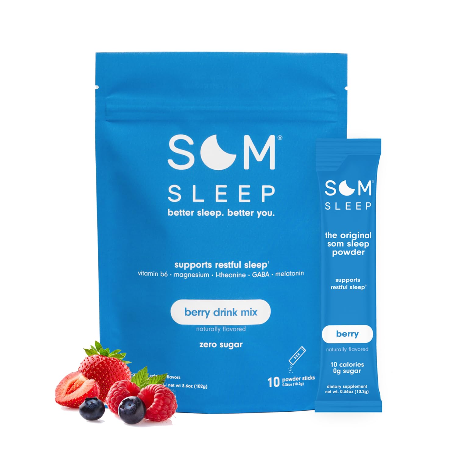 Som Sleep Powder Drink Mix – 3mg Melatonin, Vegan, Zero Sugar, Berry 10-Pack