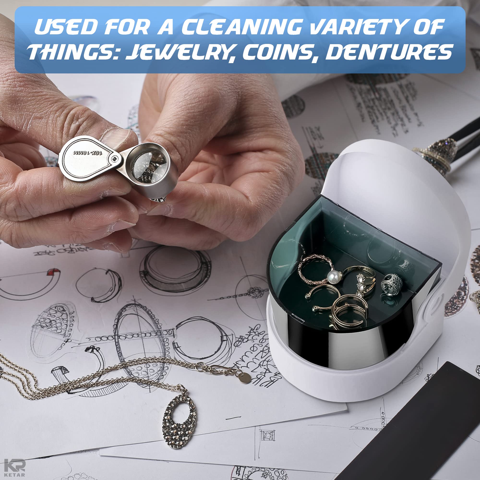 Sonic Cordless Denture Cleaner for Jewellery, Rings & Coins – Portable Battery Vibrating Machine