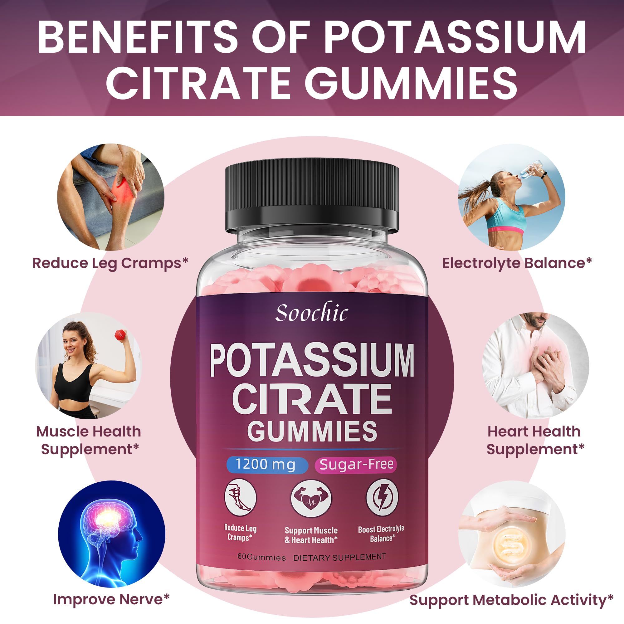 Soochic Potassium Citrate Gummies - 1200mg Potassium Chewables (60 Count) - Vegan, Gluten Free, Sugar Free - Raspberry