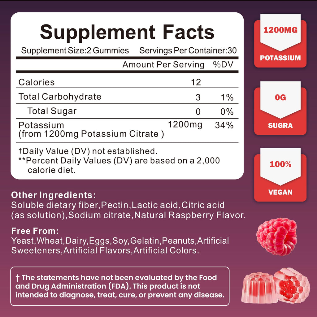 Soochic Potassium Citrate Gummies - 1200mg Potassium Chewables (60 Count) - Vegan, Gluten Free, Sugar Free - Raspberry