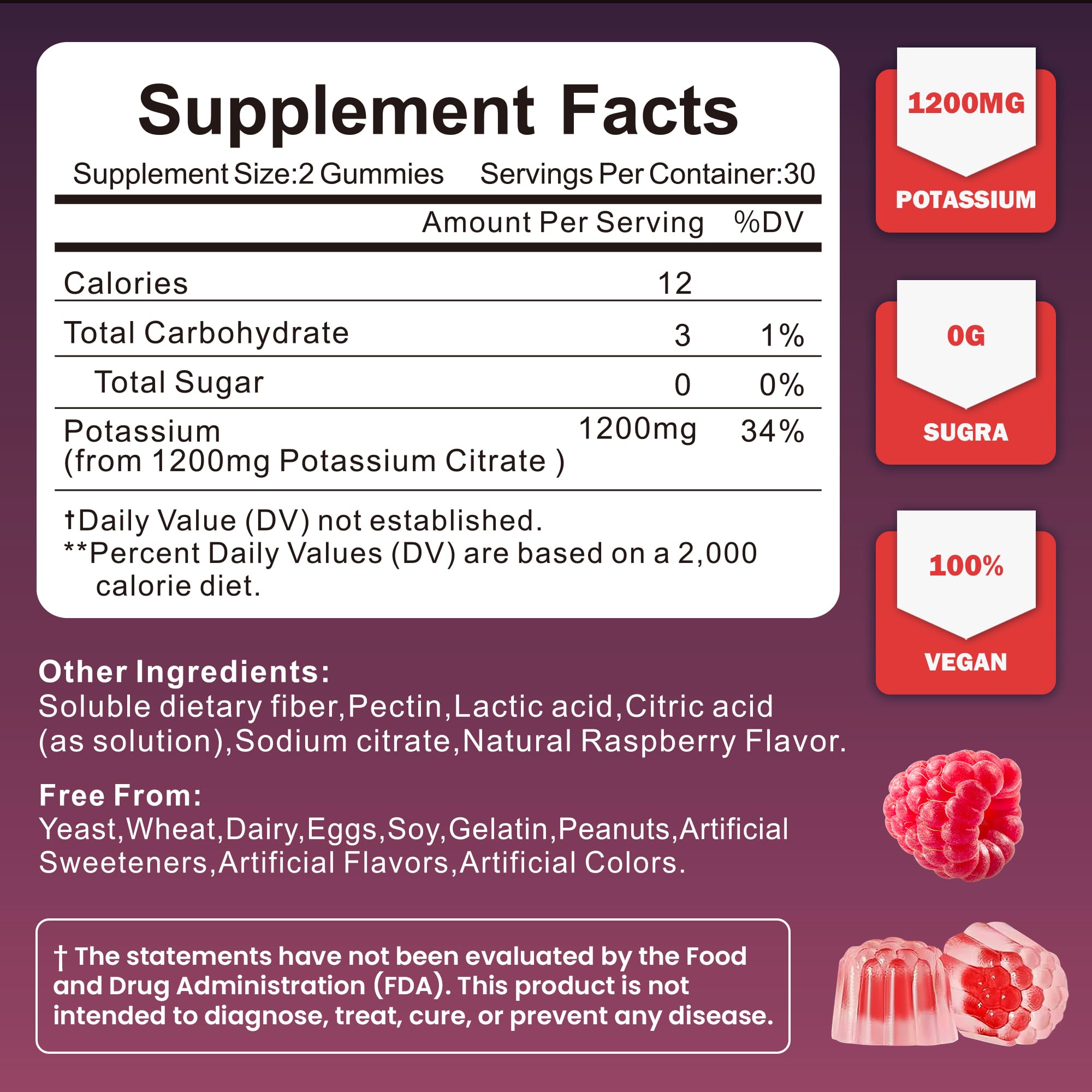 Soochic Potassium Citrate Gummies - 1200mg Potassium Chewables (60 Count) - Vegan, Gluten Free, Sugar Free - Raspberry