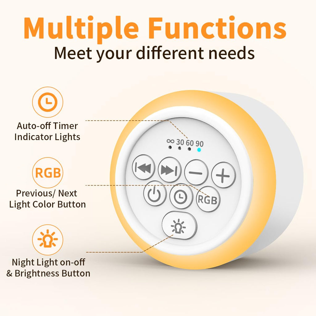 Soothing Sounds White Noise Machine — 30 Sounds, 12 Color Lights, 5 Brightness Levels, 32 Volume Levels, 4 Timers