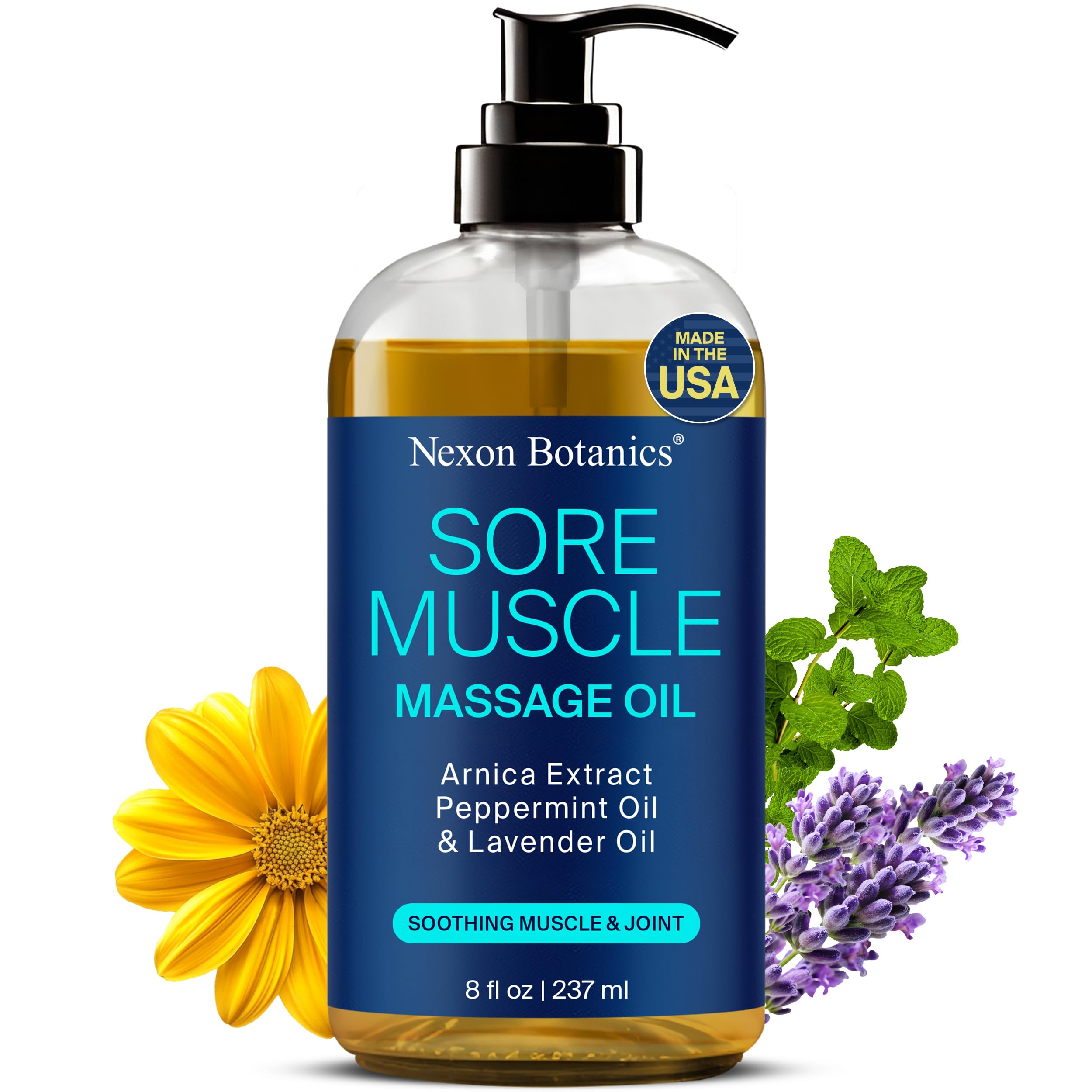Sore Muscle Massage Oil – 8 oz with Arnica, Peppermint & Lavender | Nexon Botanics