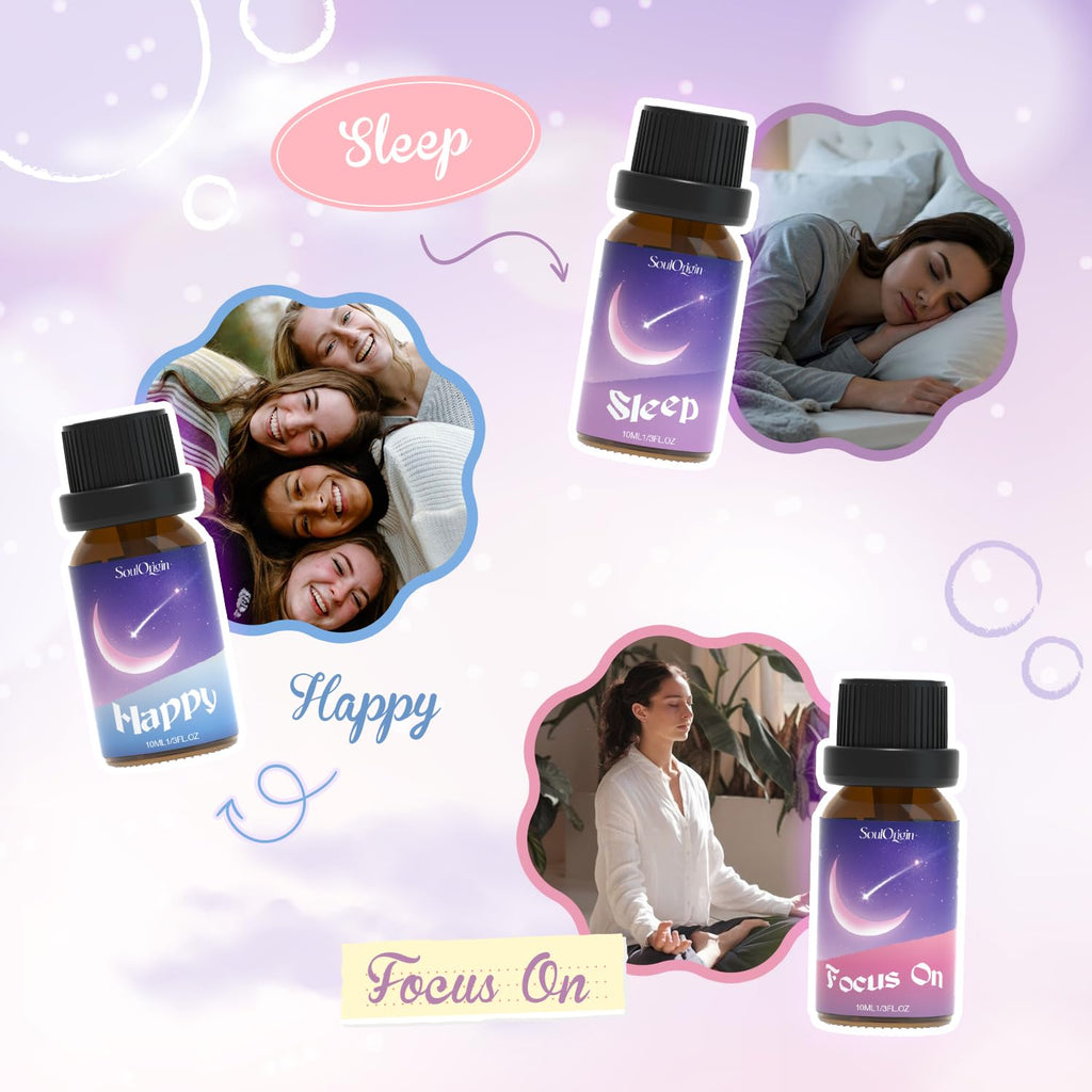Soulorigin Essential Oil Blends - Sleep, Happy, Breathe, Inspire, Relax & Focus On | Diffuser Oils Gift Kit