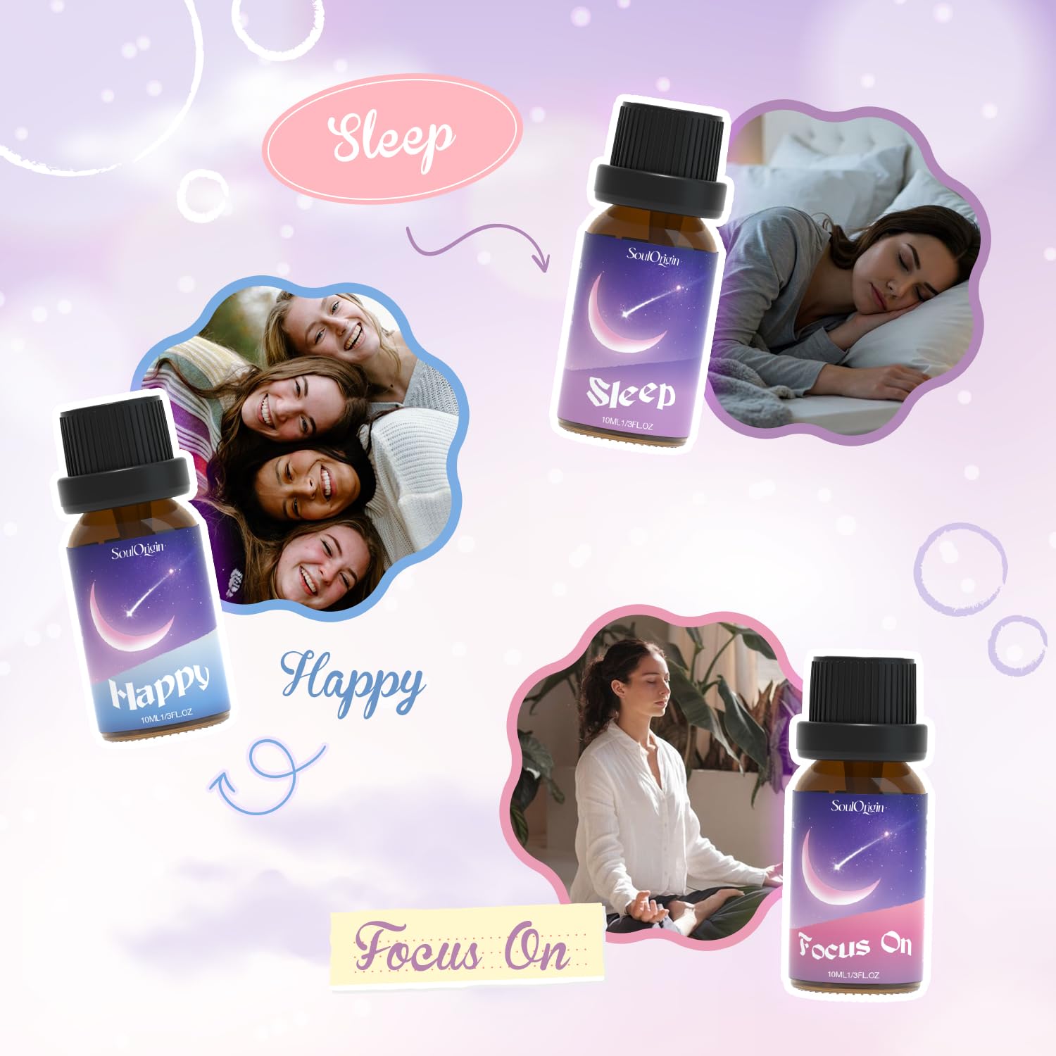 Soulorigin Essential Oil Blends - Sleep, Happy, Breathe, Inspire, Relax & Focus On | Diffuser Oils Gift Kit
