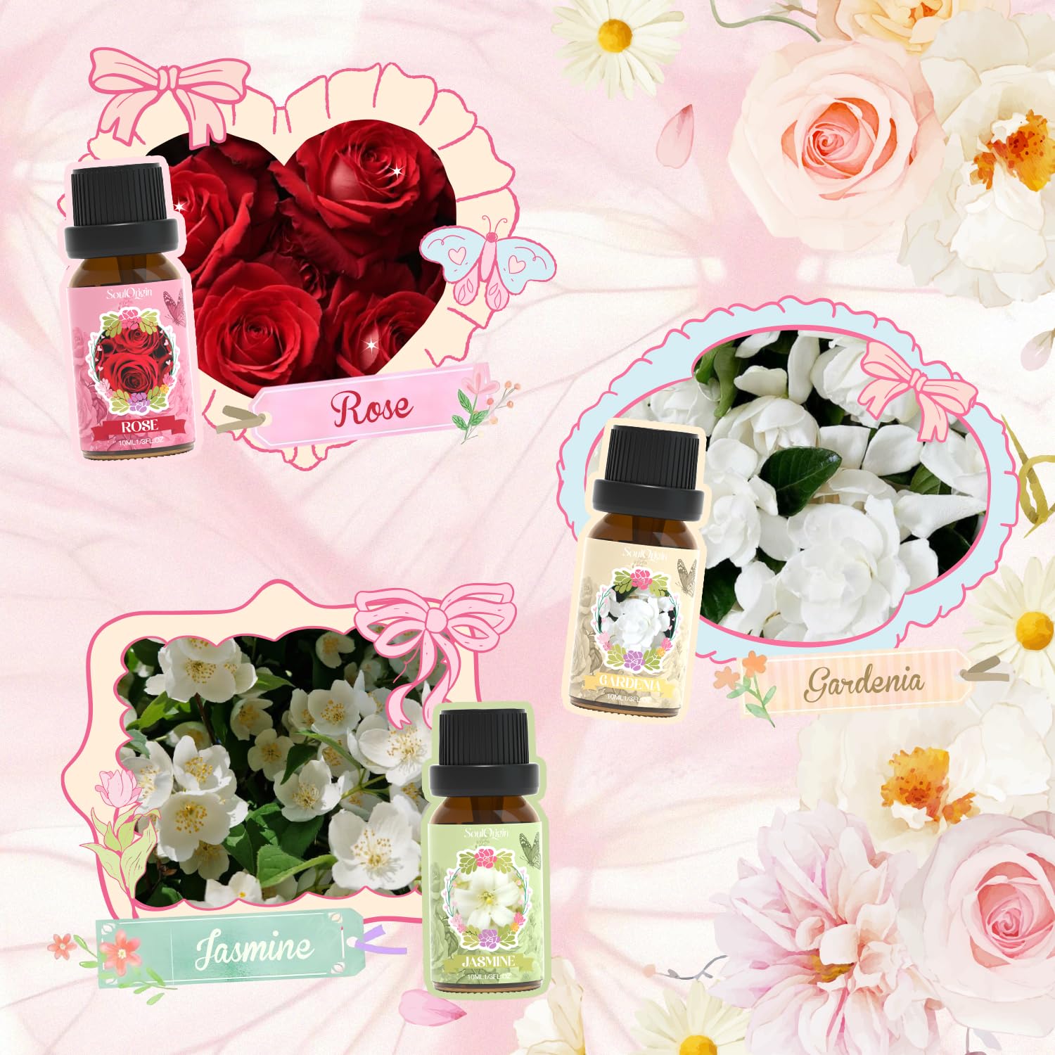 Soulorigin Floral Essential Oils Set – Rose, Gardenia, Jasmine, Honeysuckle, Violet & Lilac
