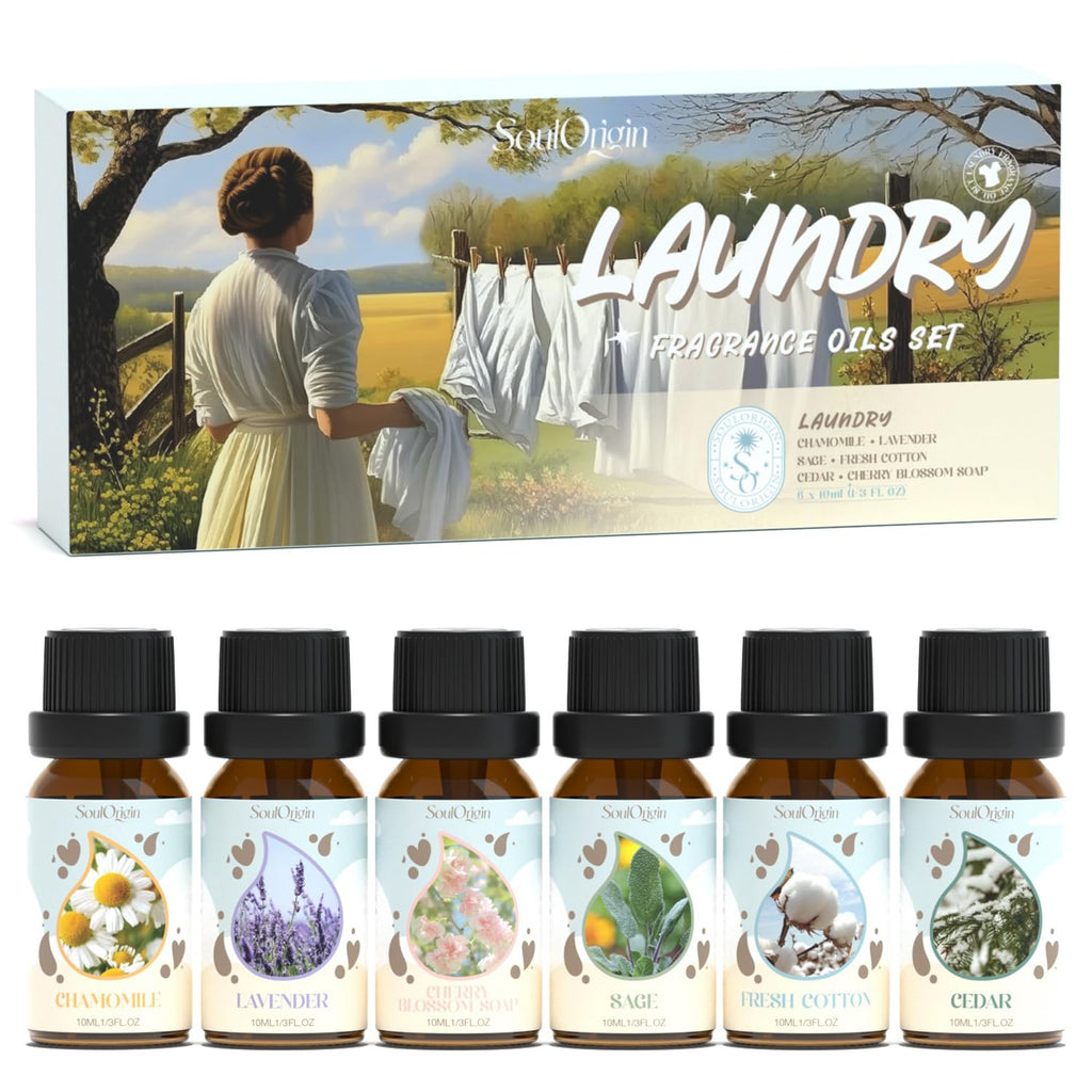 Soulorigin Laundry Fragrance Oils Set – Essential Oil Gift for Diffusers & Dryer Balls (Chamomile, Fresh Cotton, Sage, Cedar, Lavender, Cherry Soap)