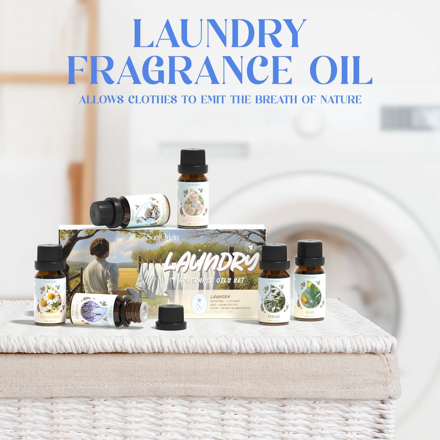 Soulorigin Laundry Fragrance Oils Set – Essential Oil Gift for Diffusers & Dryer Balls (Chamomile, Fresh Cotton, Sage, Cedar, Lavender, Cherry Soap)