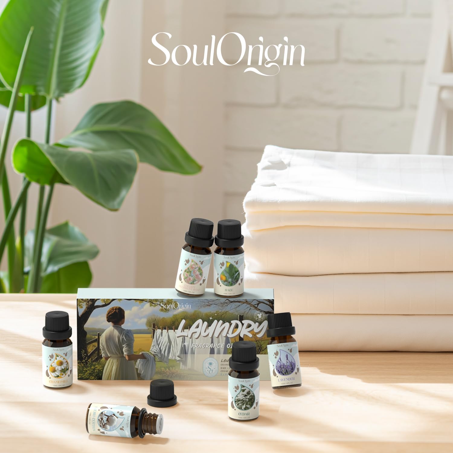Soulorigin Laundry Fragrance Oils Set – Essential Oil Gift for Diffusers & Dryer Balls (Chamomile, Fresh Cotton, Sage, Cedar, Lavender, Cherry Soap)