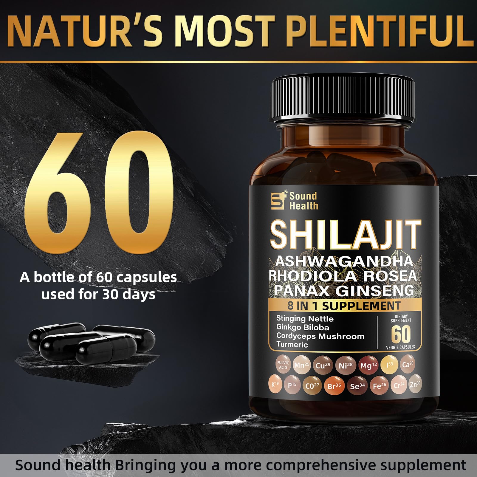 SoundHealth Wild Organic Irish Sea Moss & Shilajit – 2 Bottles, 60 Capsules Each