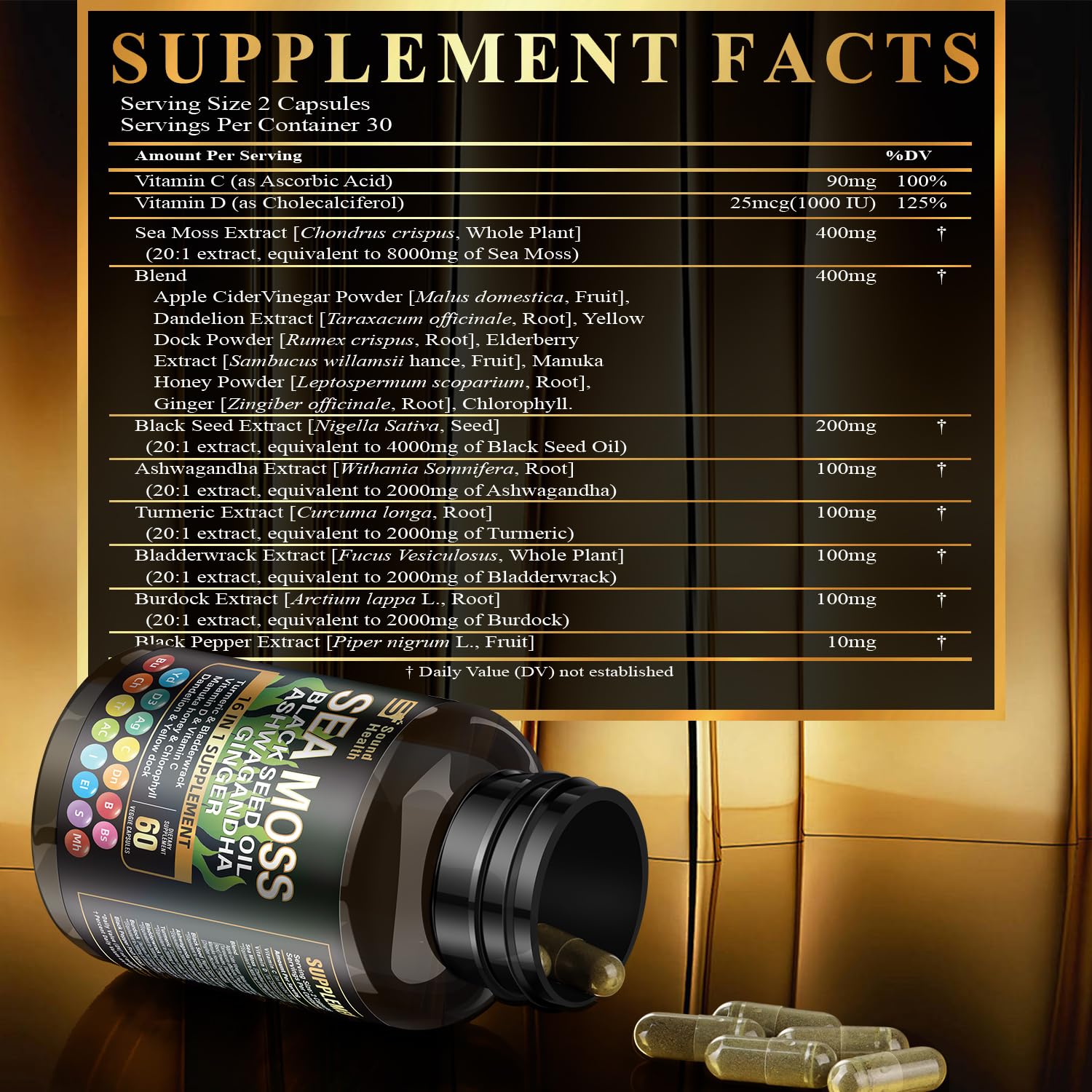 SoundHealth Sea Moss Capsules – 8000mg Sea Moss, 4000mg Black Seed, 2000mg Ashwagandha, Turmeric & Burdock, Vitamin C & D3 (30 Days)