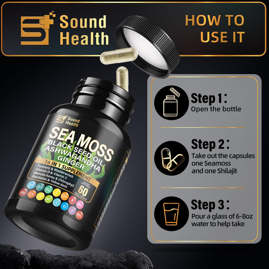 SoundHealth Wild Organic Irish Sea Moss & Shilajit – 2 Bottles, 60 Capsules