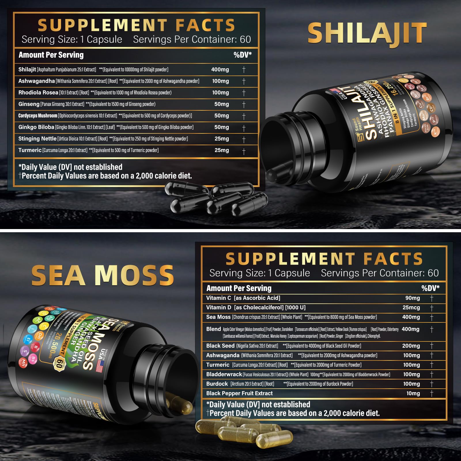 SoundHealth Wild Organic Irish Sea Moss & Shilajit – 2 Bottles, 60 Capsules