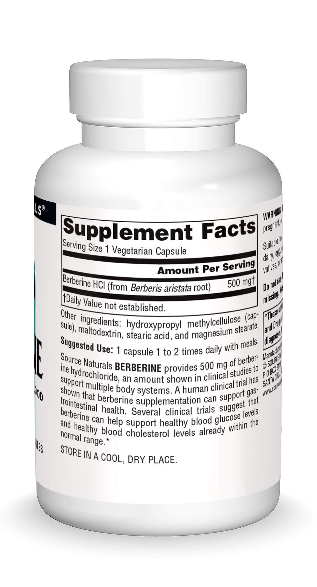 Source Naturals Berberine Vegetable Capsule - 500 mg HCl | 30 Vegetarian Capsules | GI Support