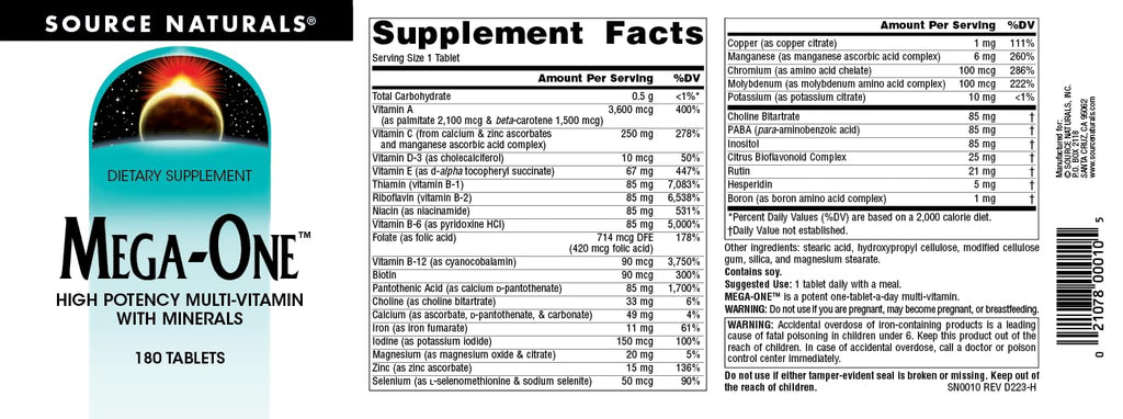 Source Naturals Mega-One Multi-Vitamin with Minerals - 180 Tablets