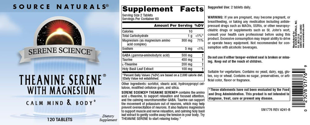 Source Naturals Serene Science L-Theanine with Magnesium and GABA – 120 Tablets