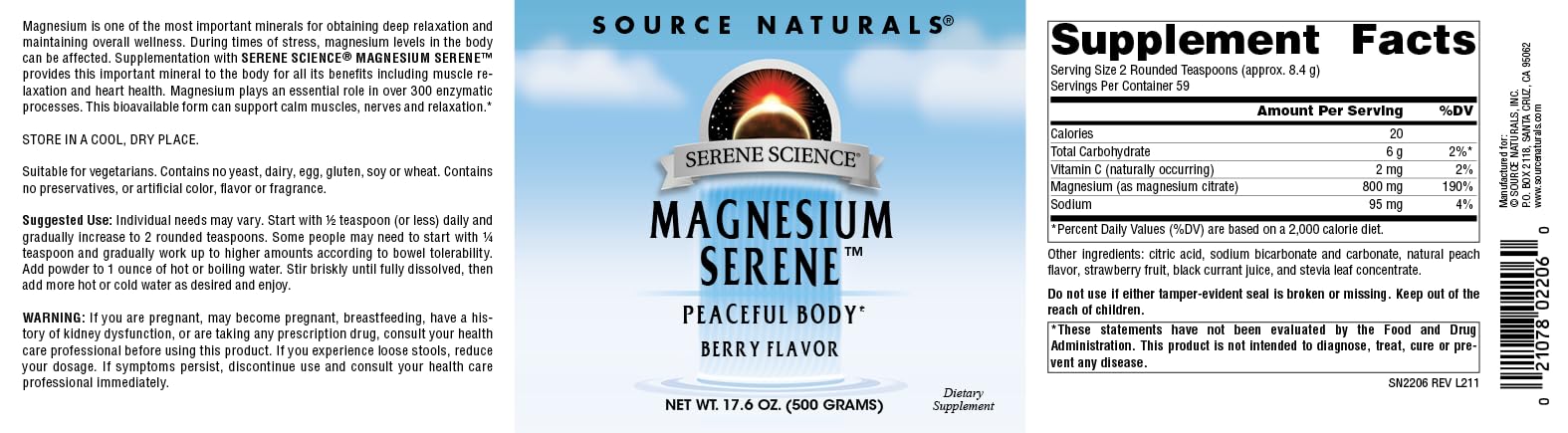 Source Naturals Serene Science Magnesium Serene – Berry Flavor, 17.6 oz