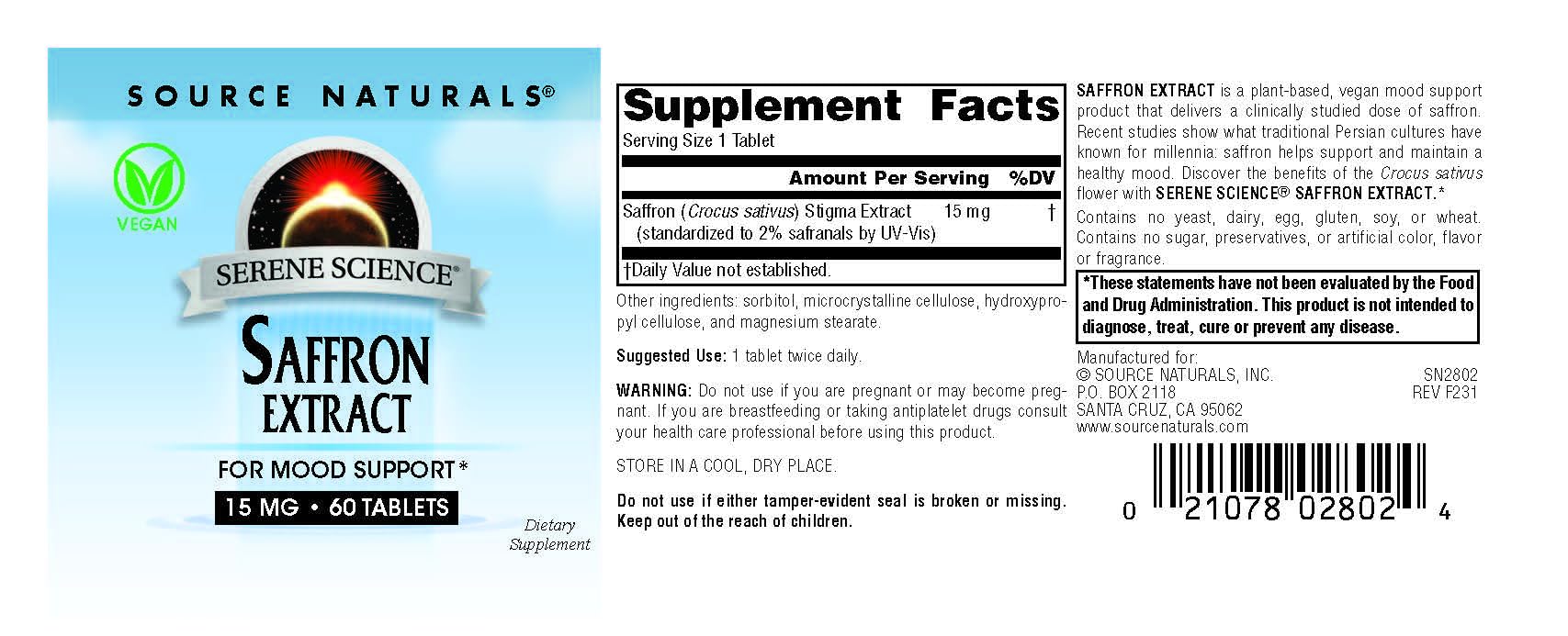 Source Naturals Serene Science Saffron Extract for Mood Support - 60 Tablets