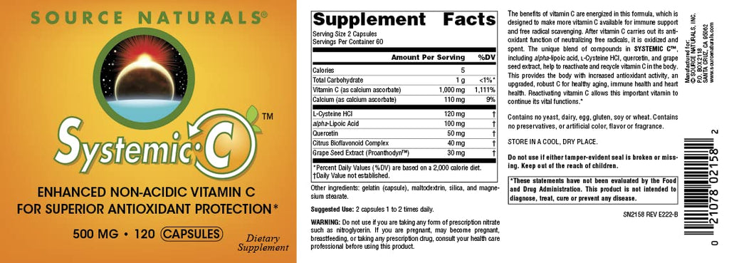 Source Naturals Systemic C 500mg - 120 Capsules | Immune Support & Antioxidant Vitamin C