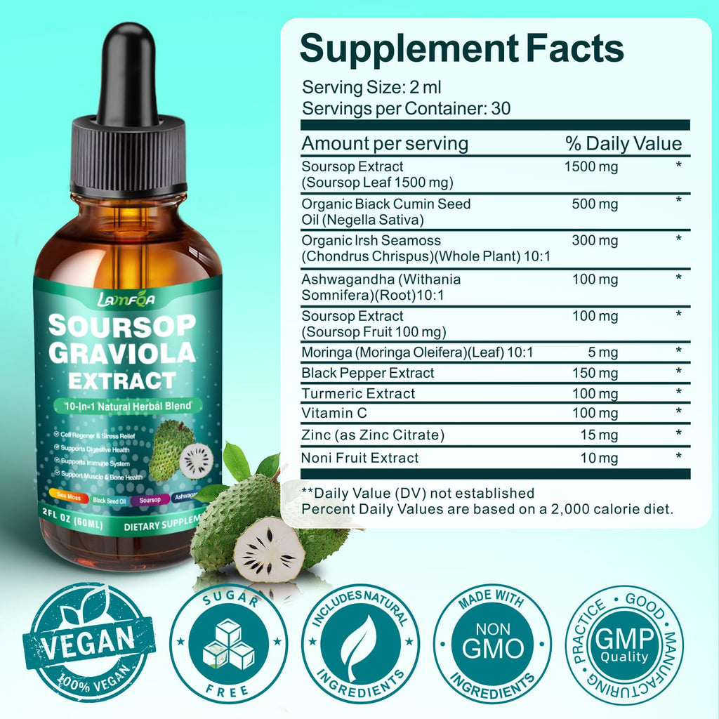 Soursop Bitters Liquid 10-in-1 with Ashwagandha, Turmeric & Black Seed Oil — Immune & Gut Health