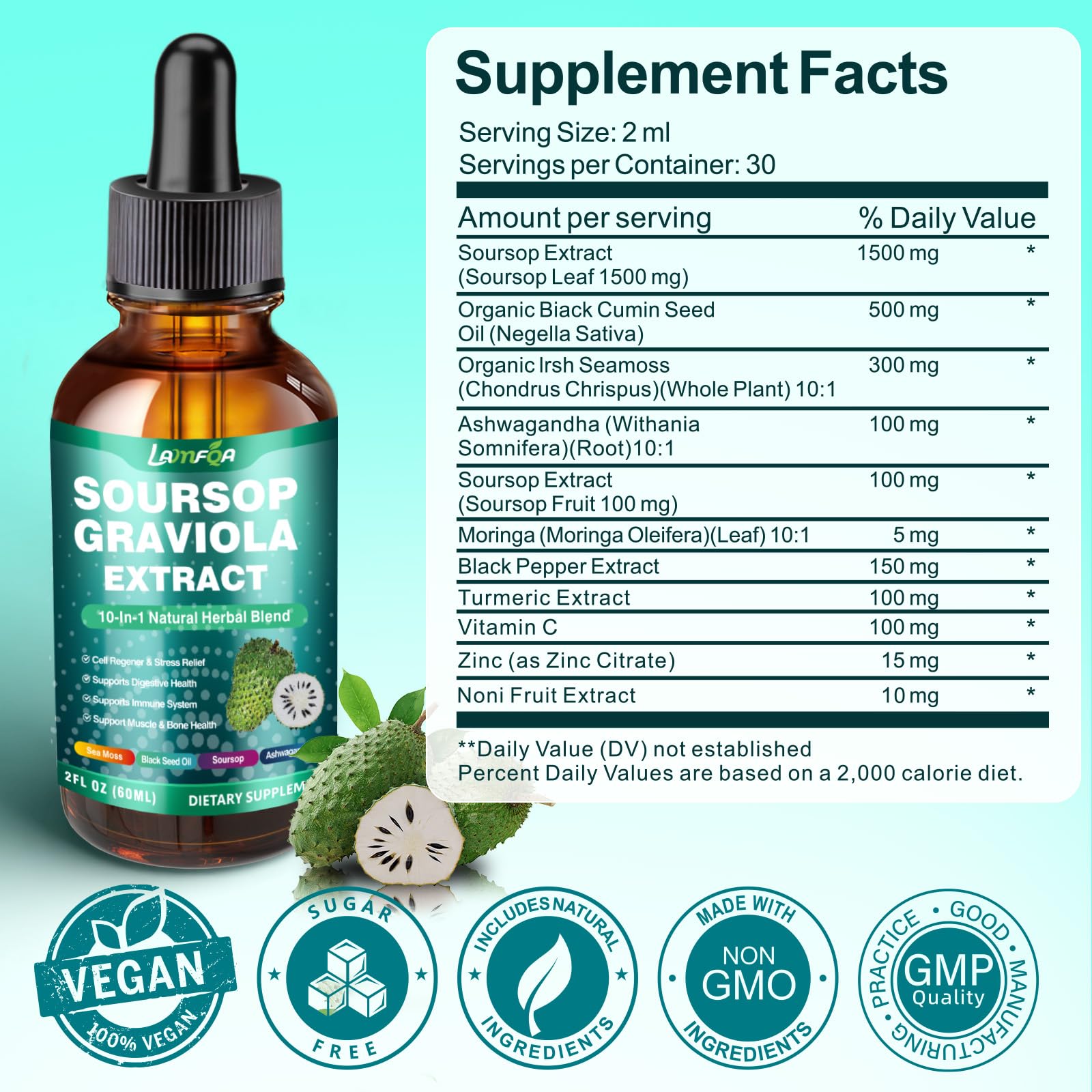 Soursop Bitters Liquid 10-in-1 with Ashwagandha, Turmeric & Black Seed Oil — Immune & Gut Health