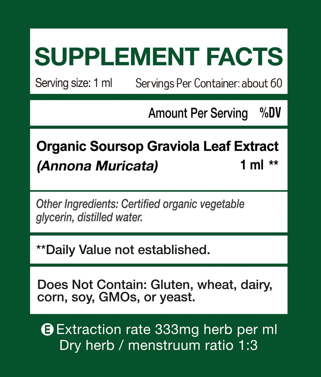 Organic Soursop Graviola Leaf Extract Liquid Drops | Soursop Bitters Liquid | High Absorption, Enhanced Bioavailability | Vegan, Non-GMO, Gluten Free | Immune Support | 2 Fl Oz