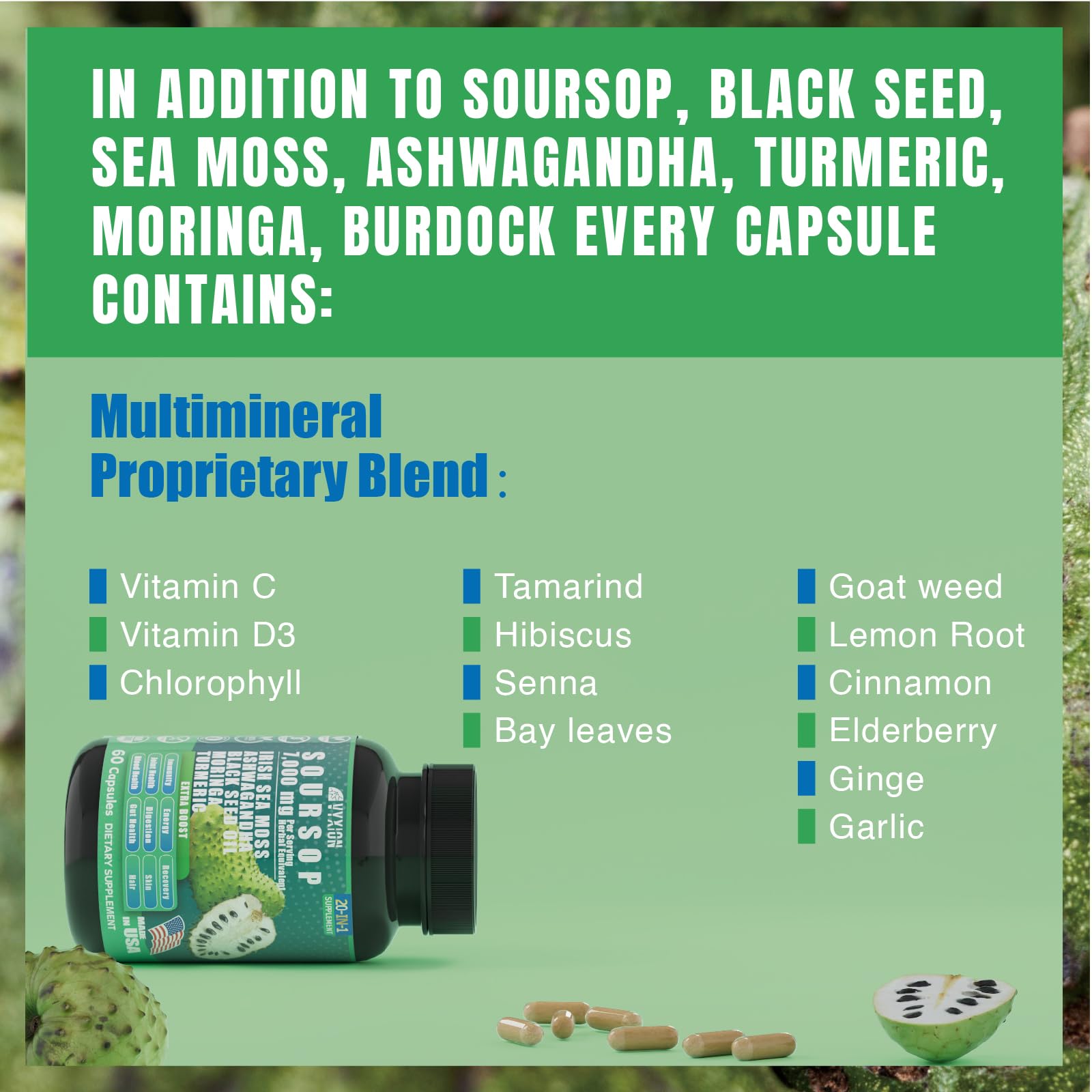 Soursop Graviola 20-in-1 Supplement – Sea Moss, Moringa, Turmeric, Black Seed Oil, Oregano, Ashwagandha | Vegan & Non-GMO | 60 Capsules