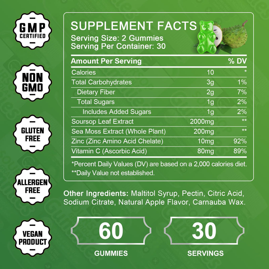 (2 Pack) Soursop Graviola Gummies - 2200mg Leaf Extract, Vitamin C, Sea Moss & Zinc