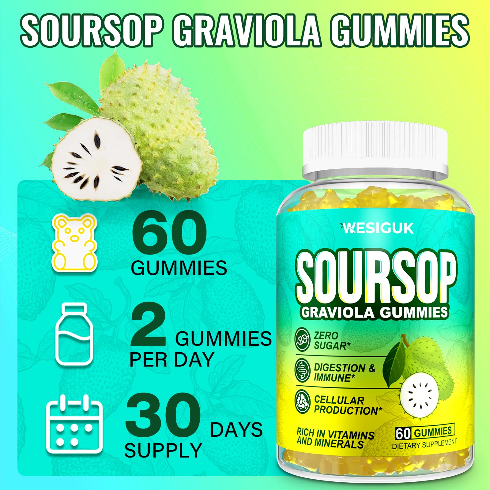 Soursop Graviola Gummies - Max Strength with Sea Moss and Turmeric | Vegan and Sugar-Free