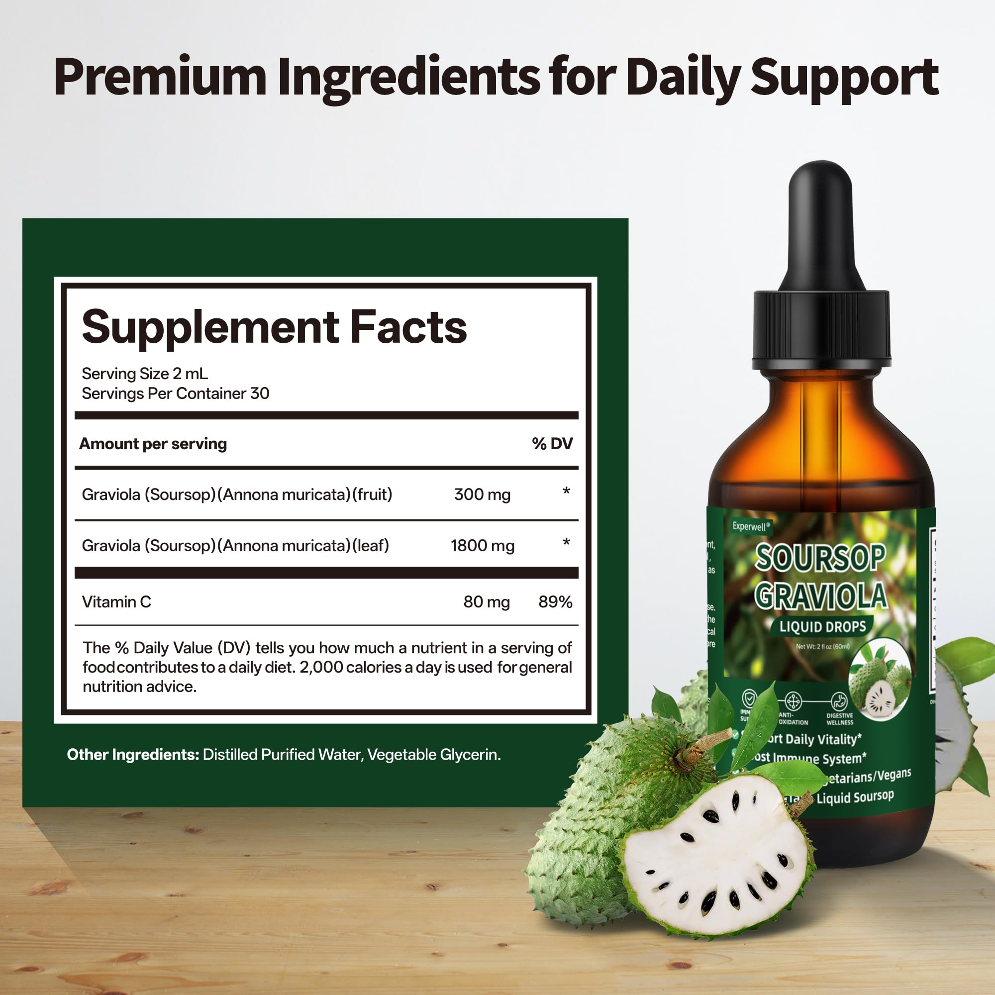 Soursop Graviola Liquid Drops – Immune Support, Digestive Bitters, 2 oz, Vegan
