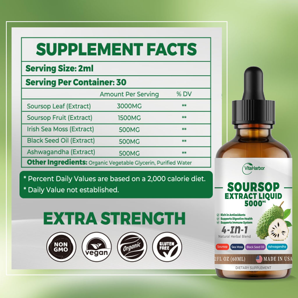 4-in-1 Soursop Bitters Liquid – Sea Moss, Black Seed Oil & Ashwagandha for Immune & Digestive Support (2 oz) | Sugar-Free, Non-GMO, Vegan