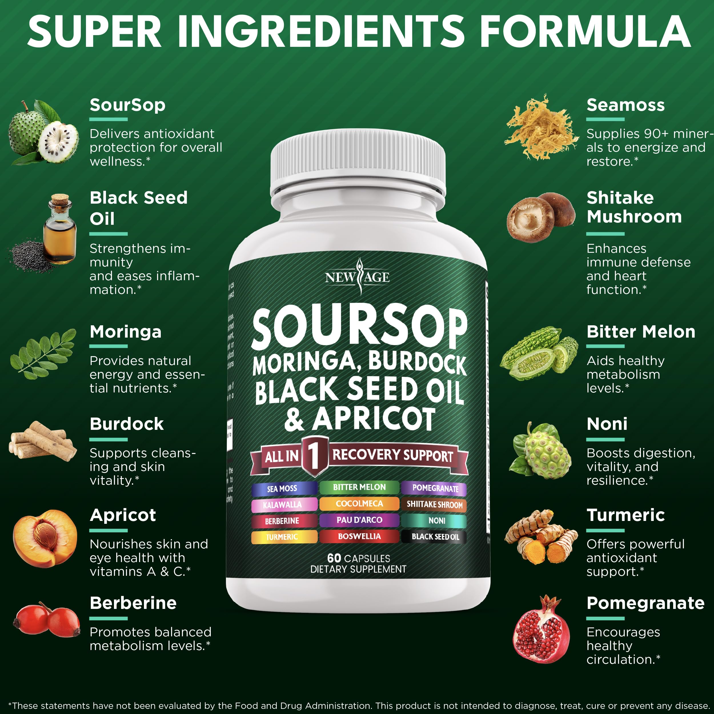 Soursop Supplement – All-in-One Moringa, Sea Moss & Berberine (120 Capsules)