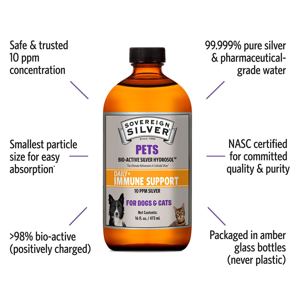 Sovereign Silver Pets Immune Support – 10 ppm Colloidal Silver for Dogs & Cats (16 oz)
