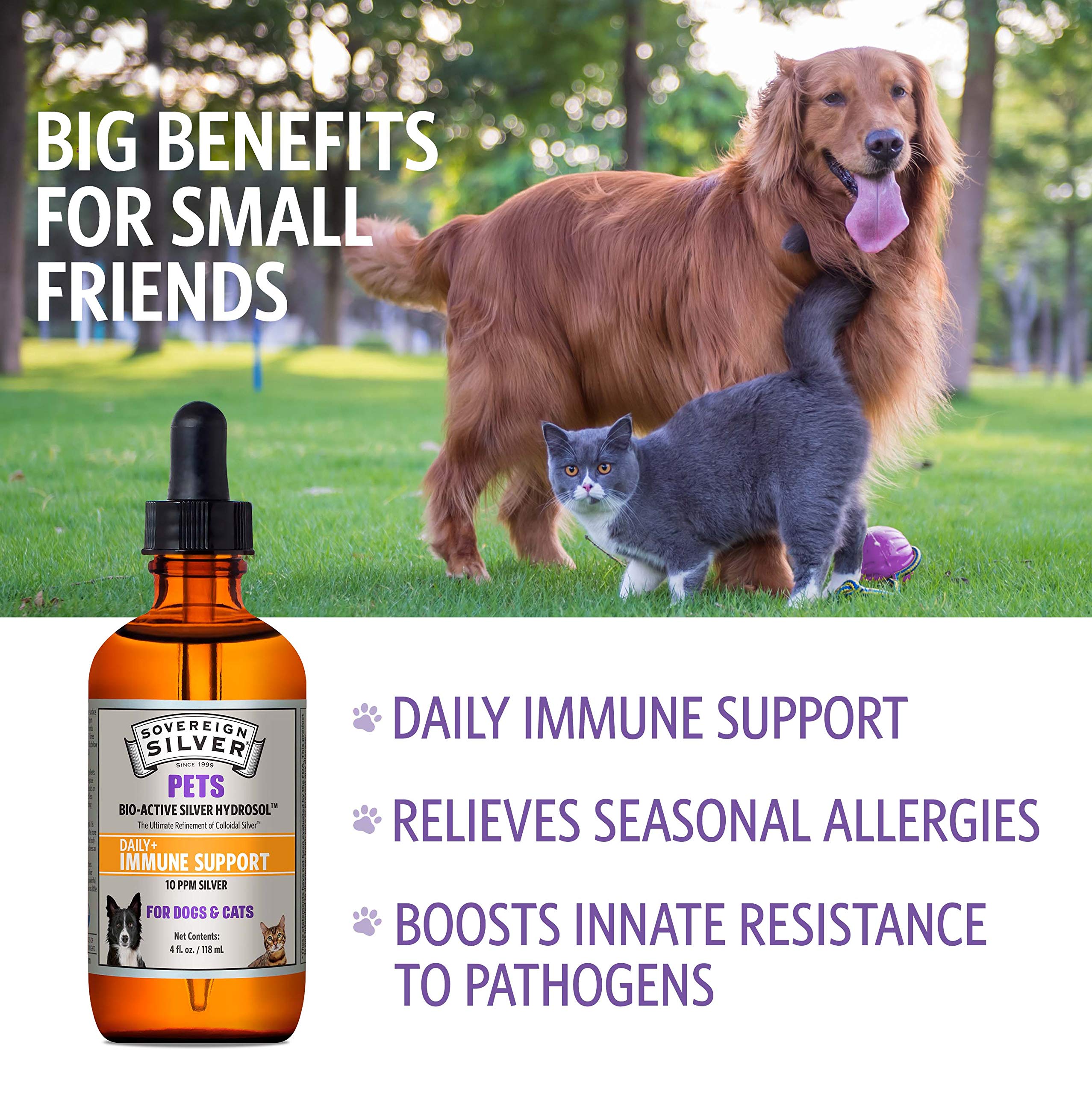 Sovereign Silver Pets Immune Support - 10 ppm Colloidal Silver for Dogs & Cats, 4 oz