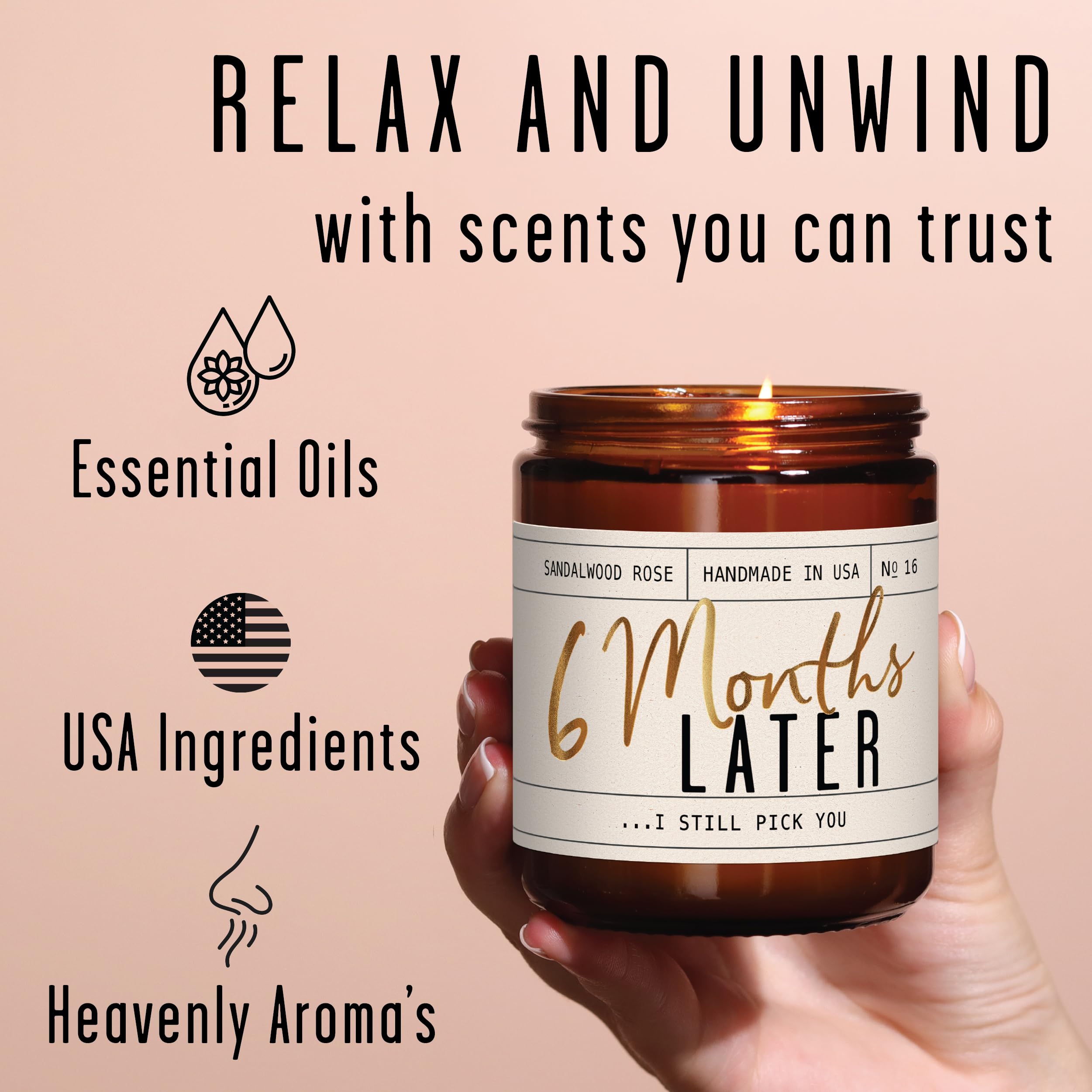 6 Month Anniversary Gift for Girlfriend - Sandalwood Rose Soy Candle, 9oz, USA Made