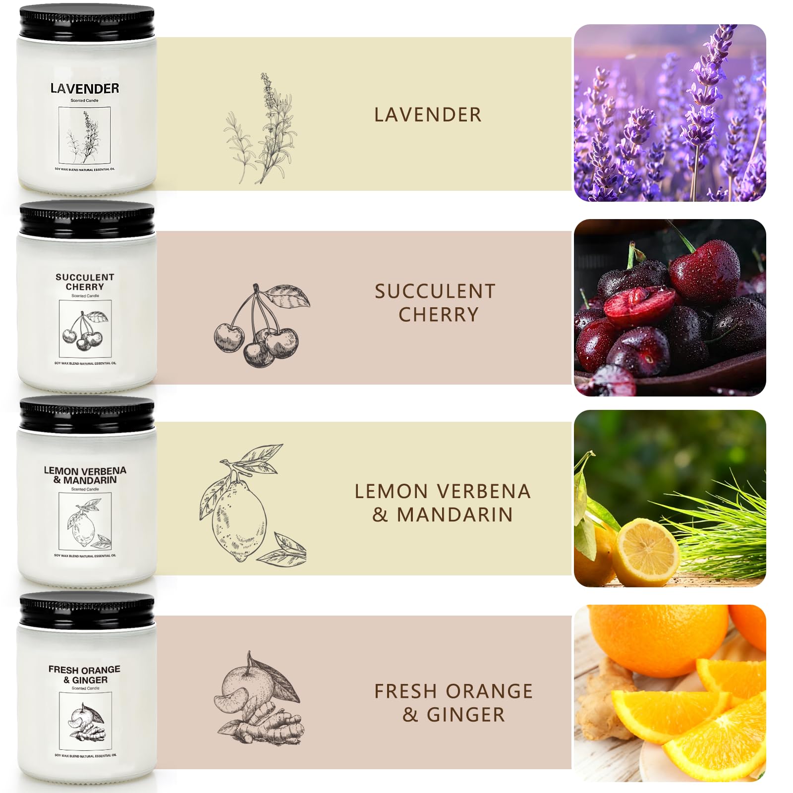 4 Pack Soy Wax Scented Candles Gift Set – Lavender, Orange & Lemon Verbena