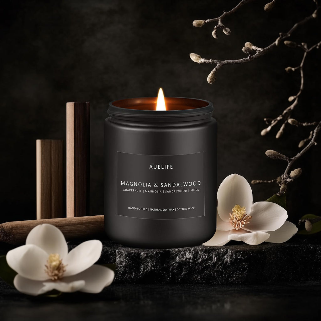 Magnolia & Sandalwood Candle | Masculine Soy Candle for Men | 7oz Black Jar