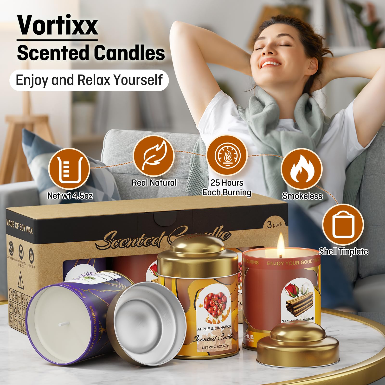 3-Pack Aromatherapy Candle Set - Scented Candles | 4.5oz × 3 | 75+ Hour Total Burn | Natural Soy Candles for Home, Gifts & Christmas (Lavender+Rose+Cinnamon)