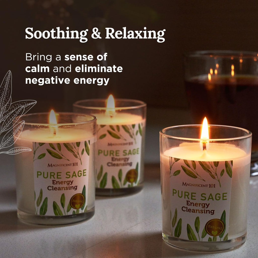 Magnificent 101 Set of 3 Sage Smudge Candles – 42-Hour Burn, 3.5 oz, Soy Wax