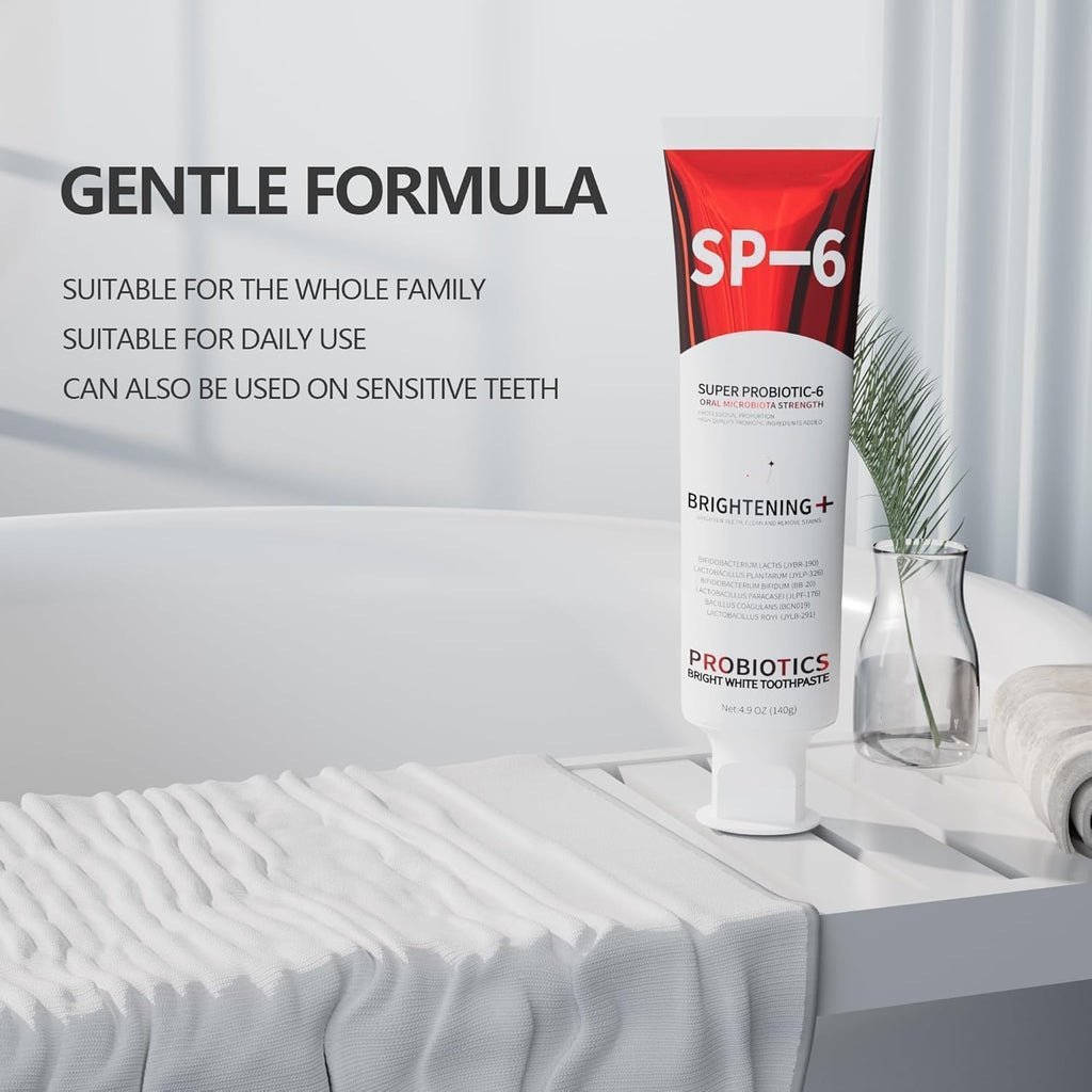 SP-6 Probiotic Whitening Toothpaste – 6 Probiotics for Whitening, Gum Health, Enamel-Safe, Fluoride-Free, Fresh Mint | 4.9 oz