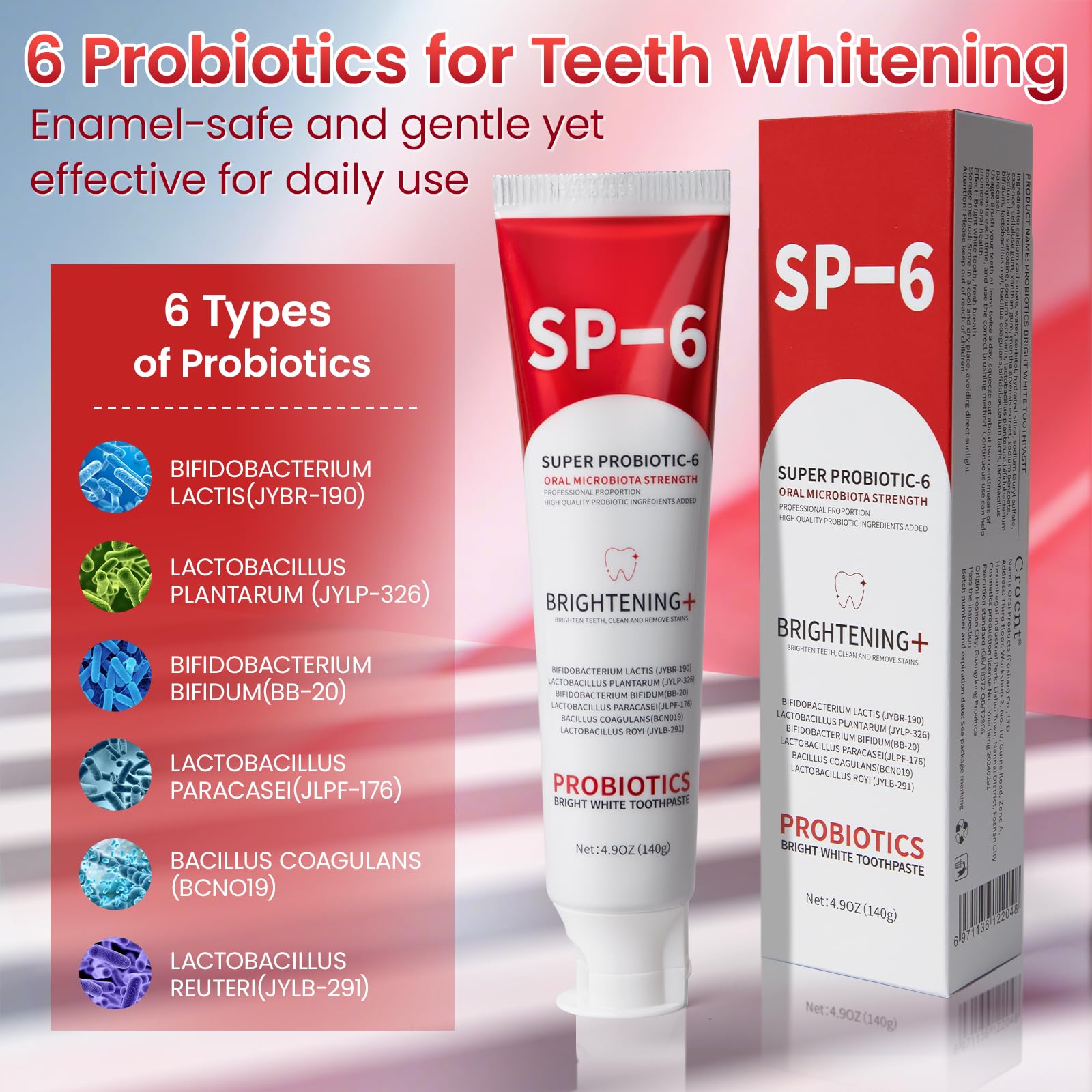 SP-6 Probiotic Whitening Toothpaste – 4.9oz, 3-Pack, Enamel-Safe, Fluoride-Free