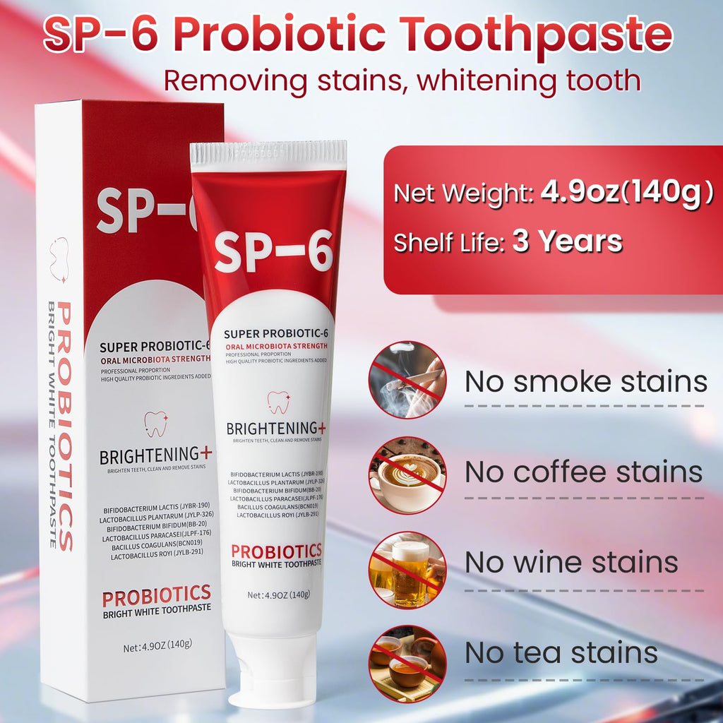 SP-6 Probiotic Whitening Toothpaste - 2 Pack, Fluoride-Free, Enamel-Safe Mint 4.9oz