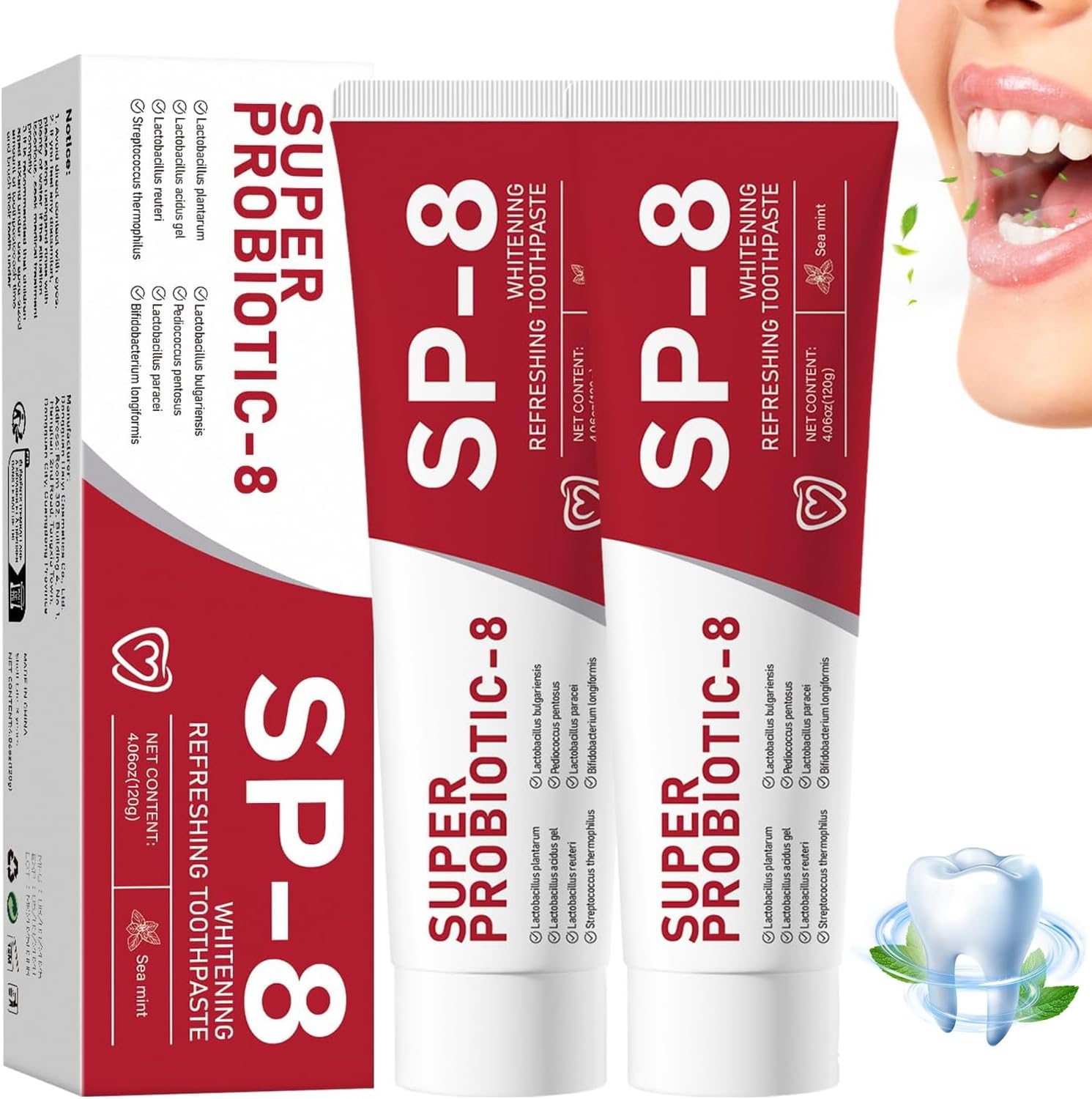 SP-8 Probiotics Whitening Toothpaste – Fluoride-Free, Probiotic-Infused, Ultra Fresh Mint (2 Pcs)