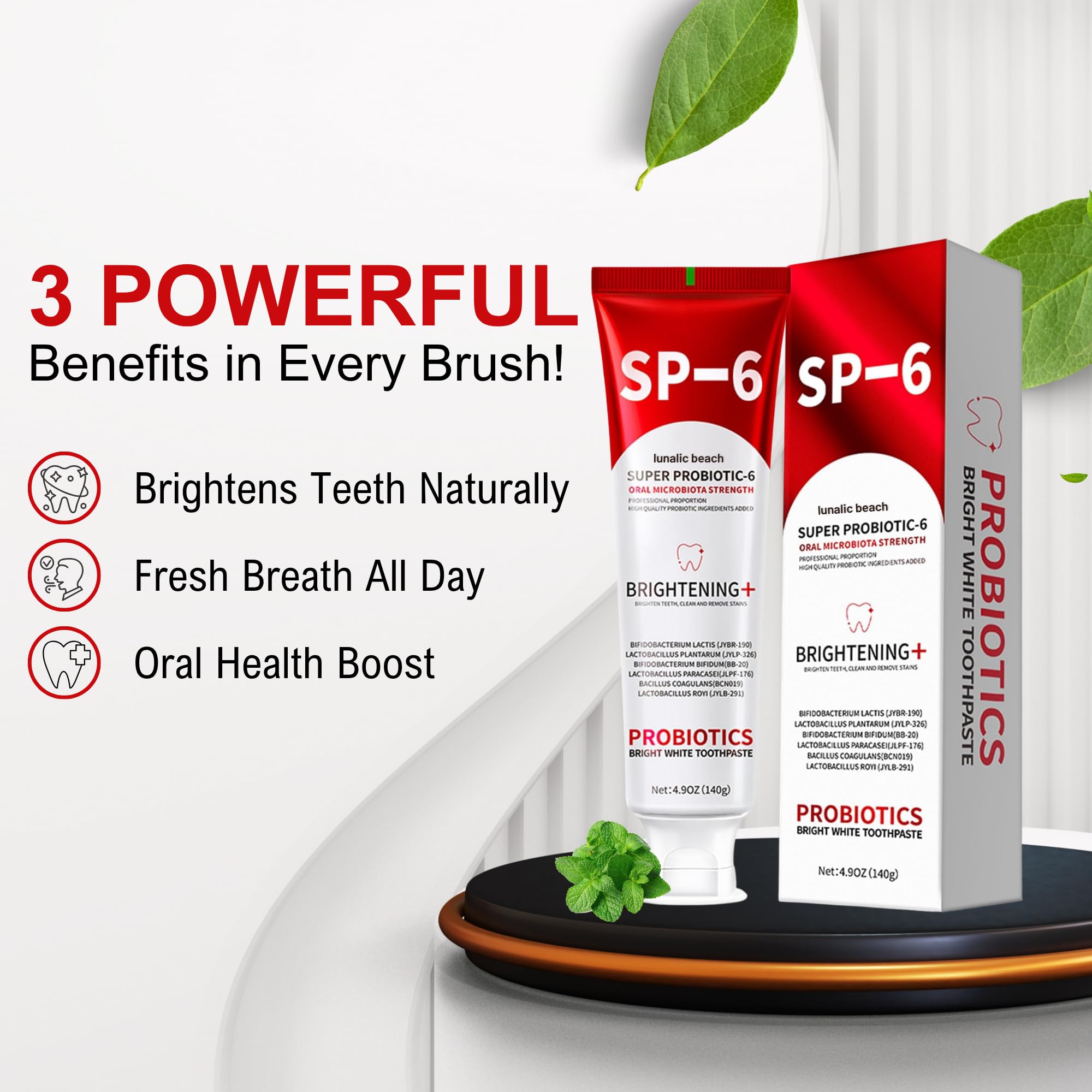 SP6 Toothpaste 3-Pack – Probiotic Whitening, Gum Health, Fluoride-Free, Mint 4.9 oz
