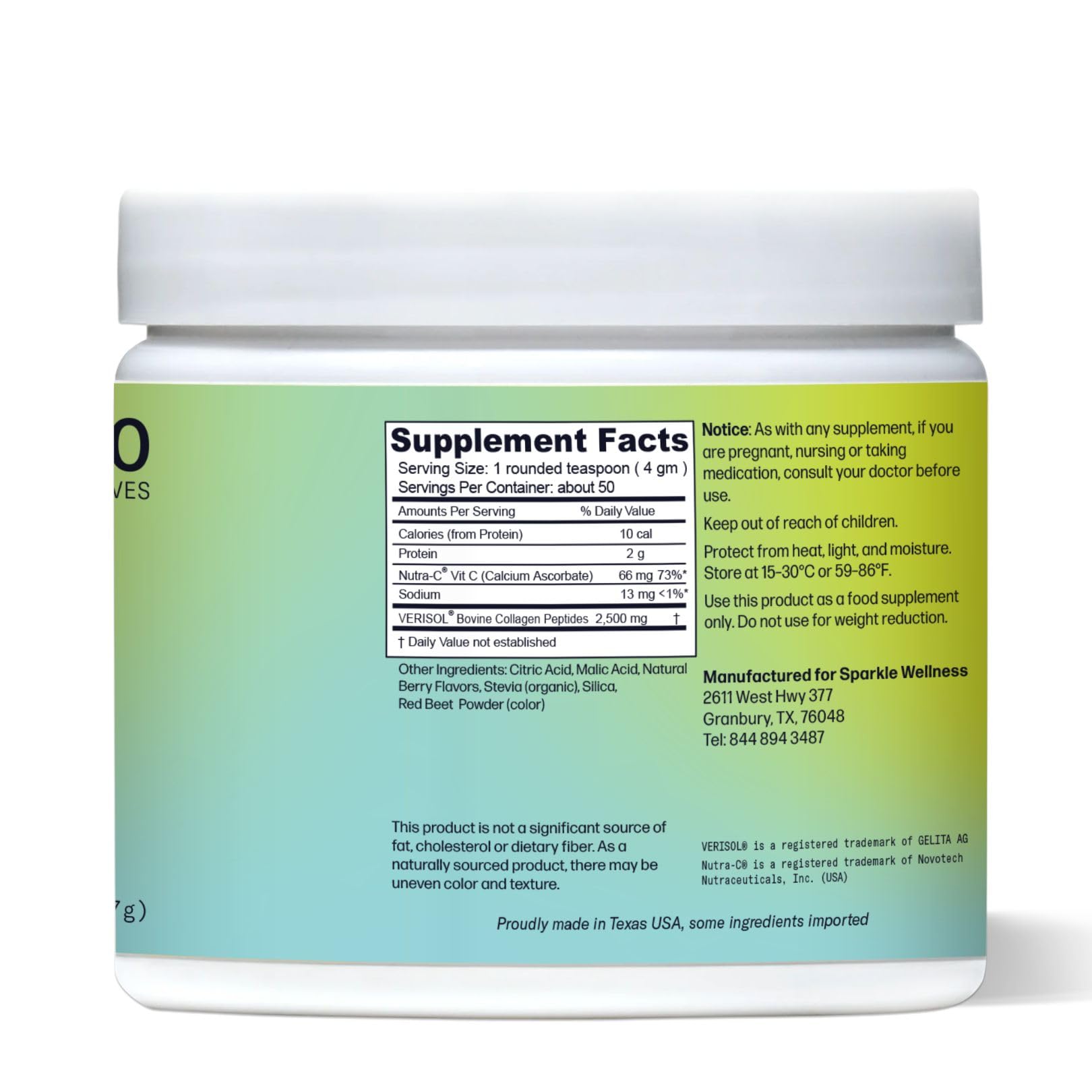 Sparkle Wellness VERISOL Collagen Peptides — Skin, Hair & Nails Support | 50-Serve Mixed Berry