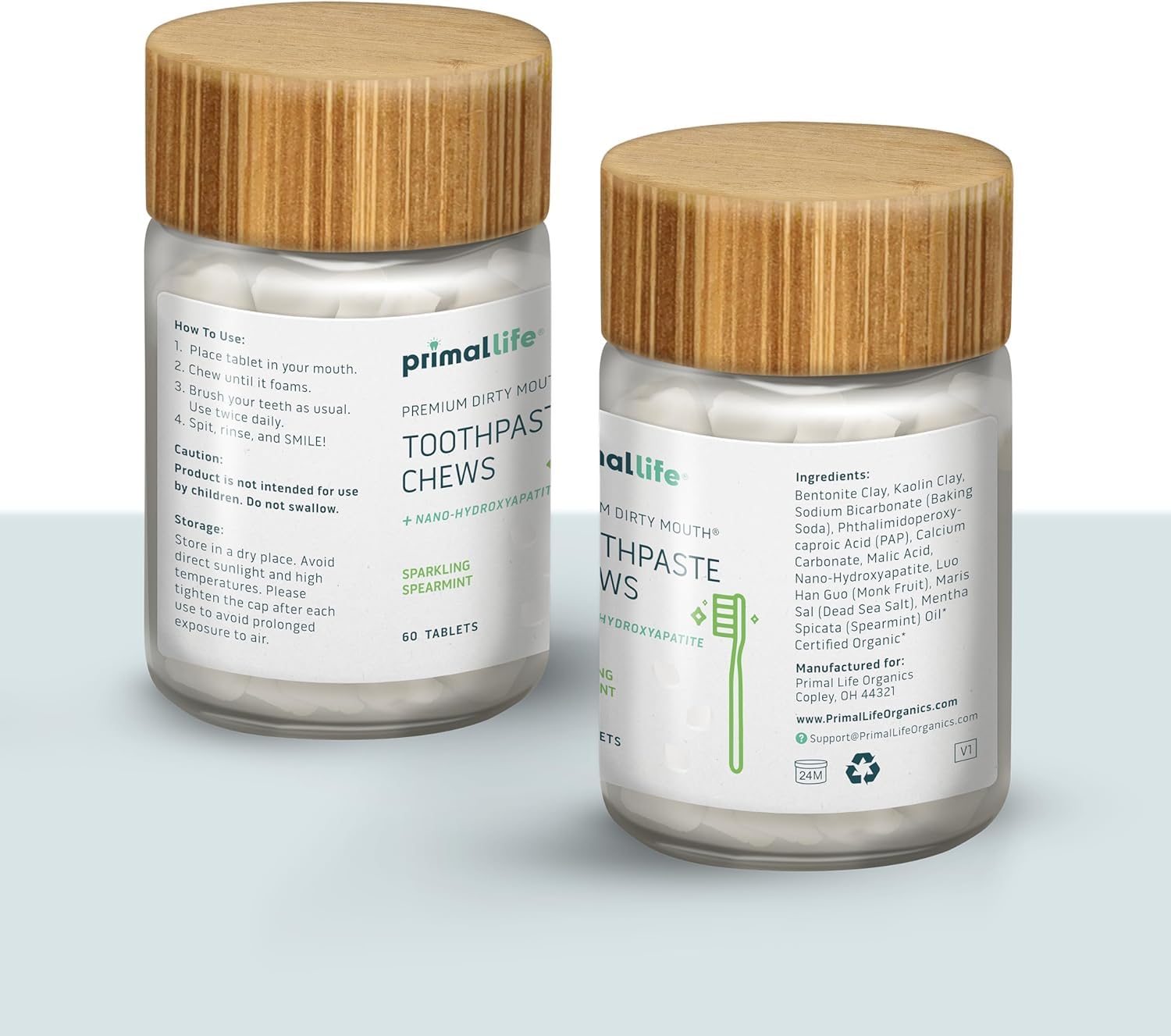 Primal Life Organics Dirty Mouth Chews – Nano-Hydroxyapatite Whitening (60 ct, Sparkling Spearmint)