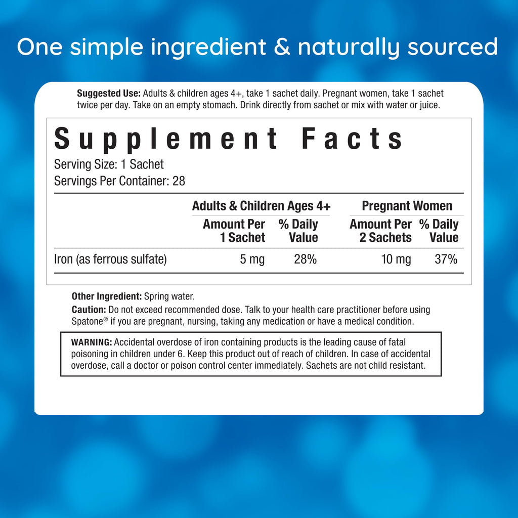 Spatone Natural Liquid Iron Supplement for Women, Men & Kids 4+ | 5 mg per 20 mL Sachet