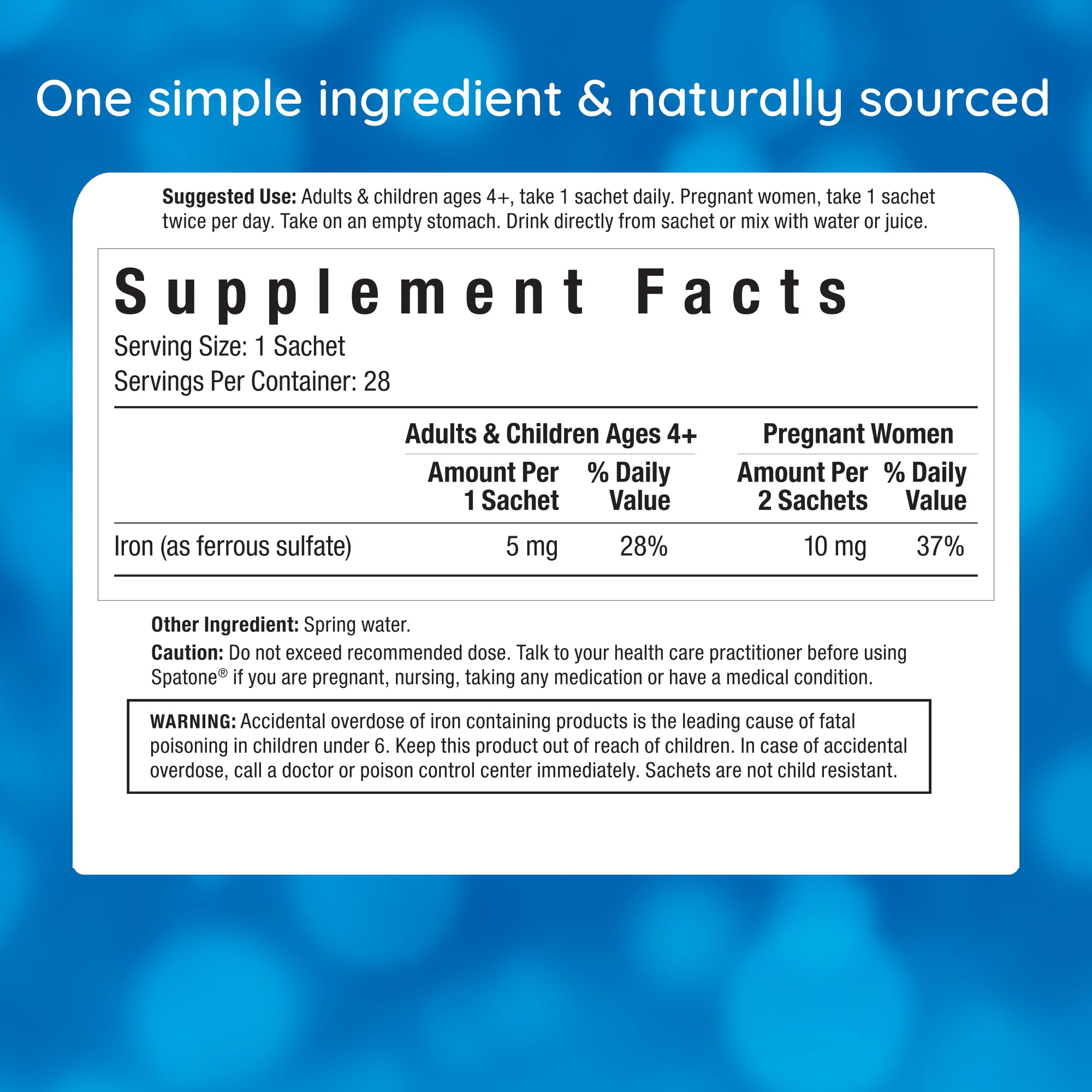 Spatone Natural Liquid Iron Supplement for Women, Men & Kids 4+ | 5 mg per 20 mL Sachet