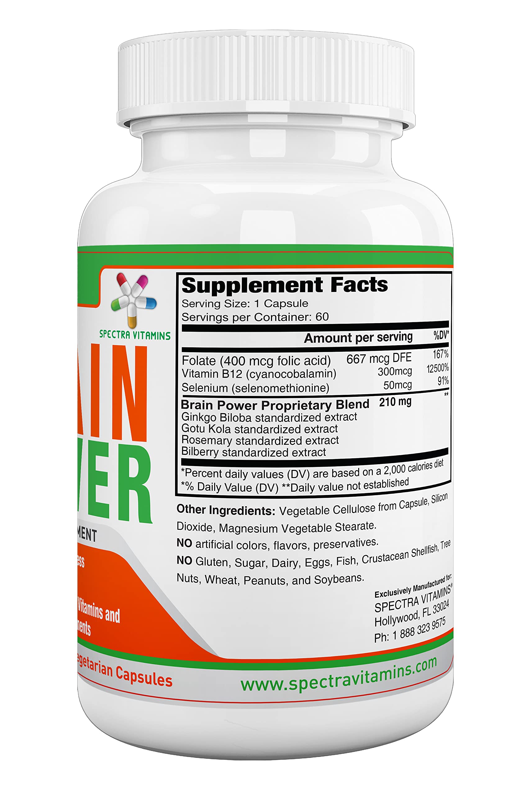 Spectra Vitamins Brain Power – Focus, Memory & Alertness Nootropics | Ginkgo Biloba & Gotu Kola | 60 Capsules