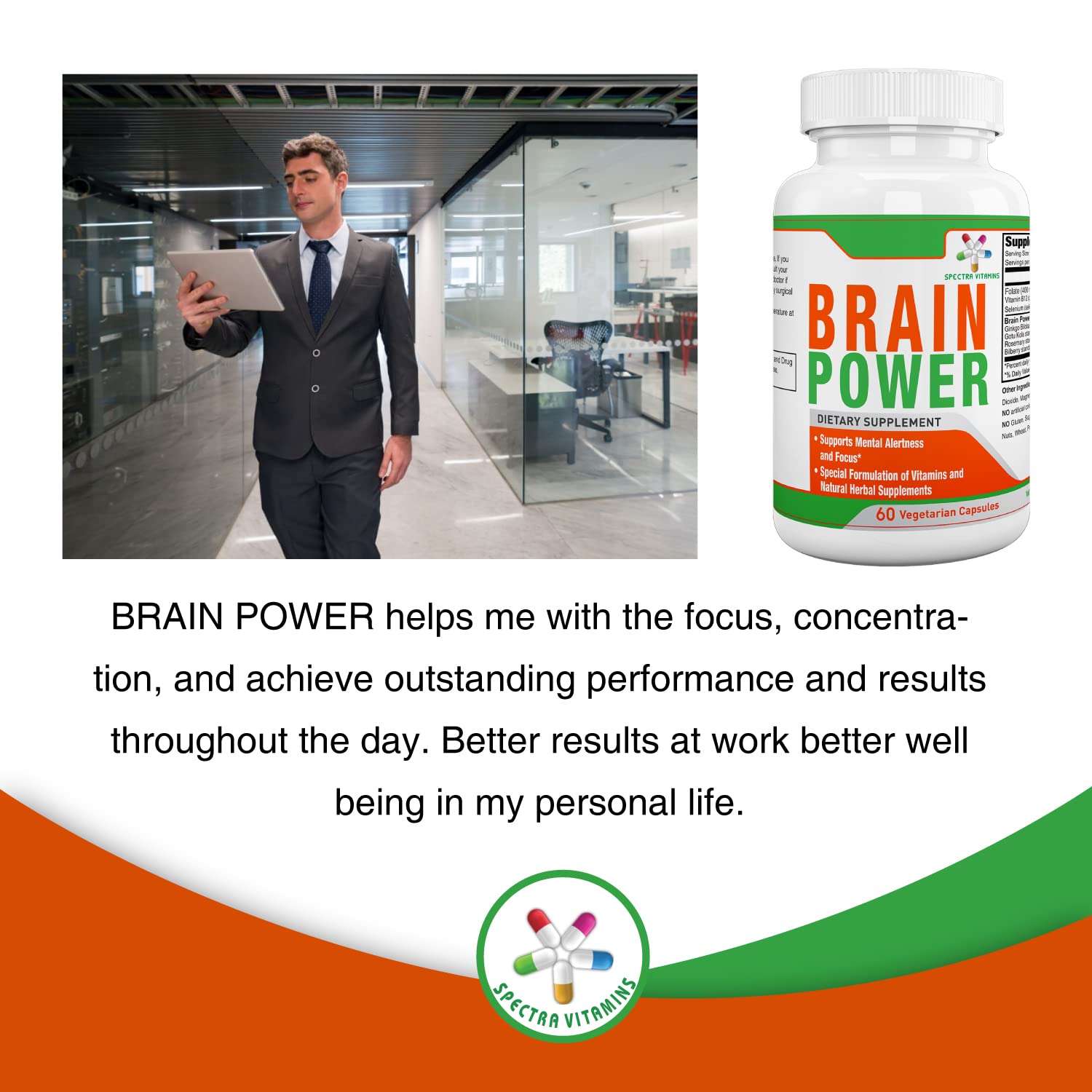 Spectra Vitamins Brain Power – Focus, Memory & Alertness Nootropics | Ginkgo Biloba & Gotu Kola | 60 Capsules